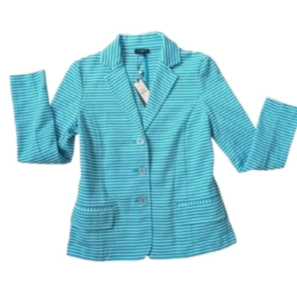 Talbots Blazer Jacket NWT Career Turquoise  Aqua White Stripe Sz 2P Cotton